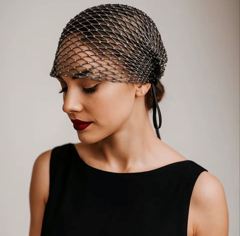 Italian Luxury Boutique Black Beaded Mesh Headpiece Hair Net Cap Statement OS
